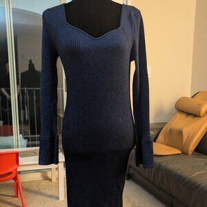 Loft Blue Black Shimmer Fitted Sweater Dress